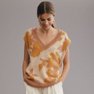 Anthropologie Floral V-Neck Sweater in Cream and Orange